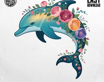 Delfín floral PNG, imágenes prediseñadas del océano, diseño para sublimación (descarga digital)