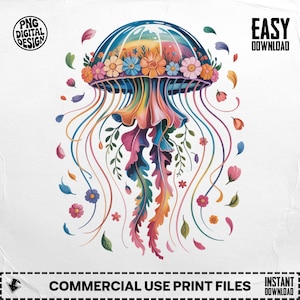 Jellyfish PNG, Jellyfish Clipart, Floral Jellyfish, Flower Png, Rainbow Jellyfish, Sublimation Png, Digital Download PNG