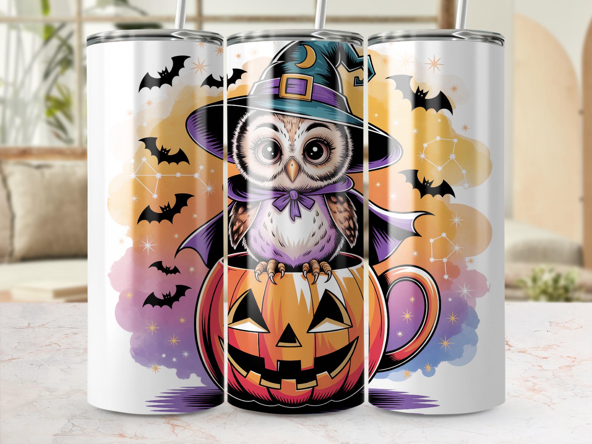 Owl Witch Tumbler Wrap, Halloween 20oz Skinny Tumbler PNG, Pumpkin Sublimation Designs, Fall Digital