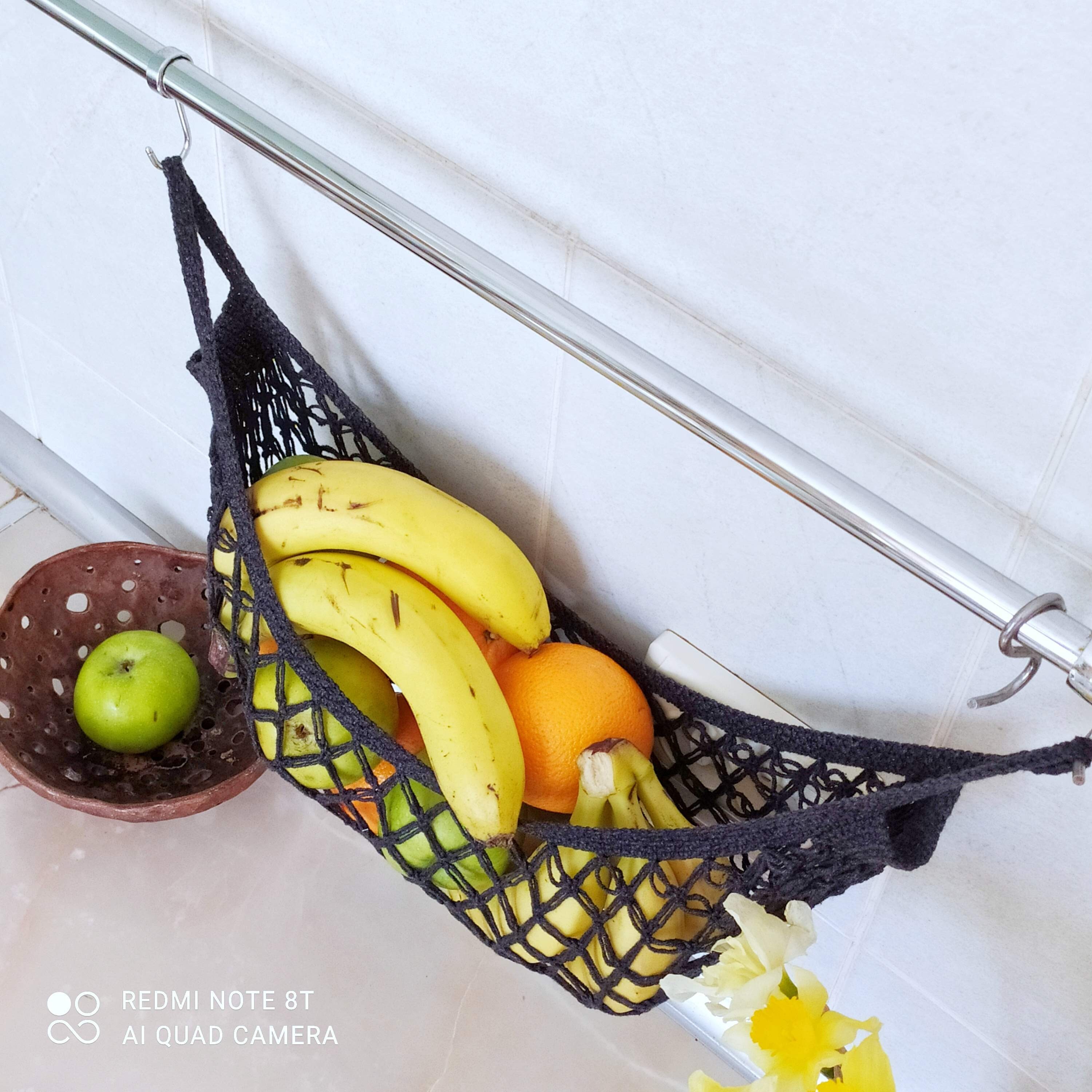 Motarna Hanging Fruit Basket - Hand-Woven Cotton Hammock For Under Cabinet, Saves Counter Space