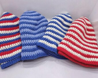 Gehaakte gestreepte vissershoed, handgemaakte katoenen zomerhoed, blauw wit rode streep, Y2K Cottagecore-stijl, strandfestivalhoed, cadeau voor haar