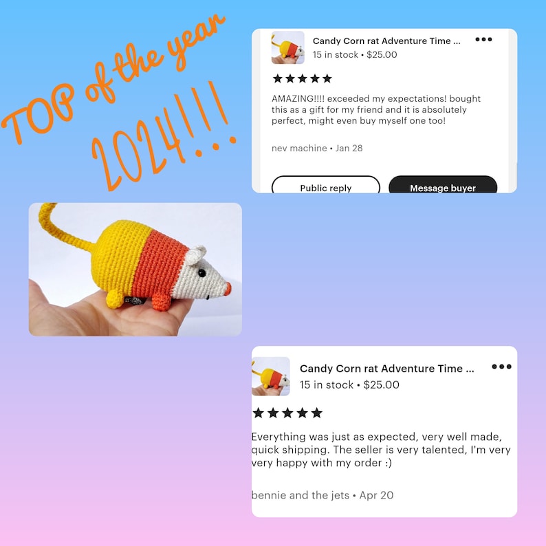 Pu&ograve; includere: Un giocattolo a forma di ratto all'uncinetto con un motivo a colori di caramelle di mais in sezioni gialle, arancioni e bianche, con una coda lunga, piccole orecchie, occhi neri e un naso arancione. L'immagine include il testo TOP of the year 2024.
