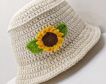 Gehaakte vissershoed met zonnebloem, cottagecore-zonnehoed, handgemaakt katoenbeige panama, boho-zomerhoed maat M