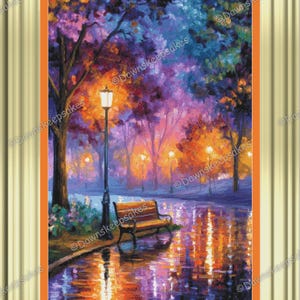 May include: A framed cross-stitch of a park scene at dusk. The artwork features a park bench, lampposts, and trees with colorful foliage. The ground reflects the lights and colors of the scene, creating a vibrant and detailed image.