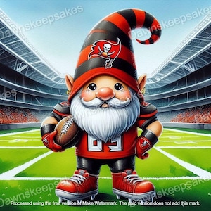 May include: A whimsical illustration of a football-themed gnome. The gnome wears a red and black football uniform with the number 03, holding a football. The gnome's hat and uniform feature the team's logo. The background shows a football stadium.