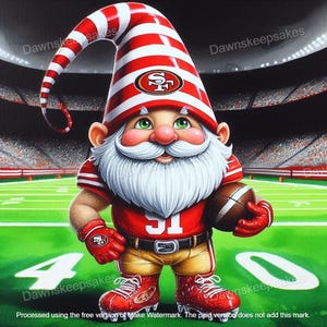 May include: A whimsical illustration of a football-themed garden gnome. The gnome wears a red and gold uniform with the number 51, holding a football. The gnome's hat is red and white striped. The background shows a football field and stadium.