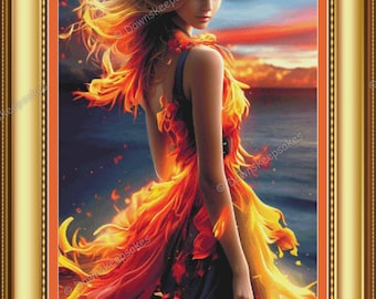 Flaming Beauty Cross Stitch Pattern, instant digital download,  fantasy decor patterns (PDF Pattern)