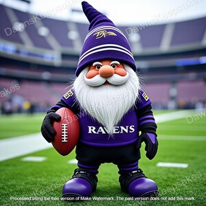 May include: A garden gnome in a purple and black Ravens football uniform, holding a red football. The gnome has a long white beard and a tall purple hat. The word "RAVENS" is printed on the front of the jersey.