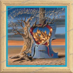 May include: A framed surrealist artwork depicting a blue violin integrated with a gnarled tree. The tree trunk forms the violin's neck, while a glowing city scene is visible through a cutout in the body. Golden musical notes swirl above.