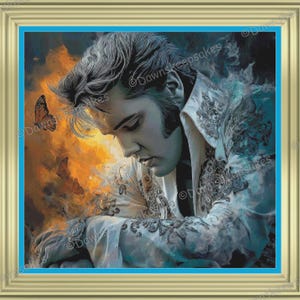 May include: A framed portrait of a man with dark hair, wearing a detailed white and blue jacket. The image has a blue border and a gold frame. Butterflies and an orange and yellow background are visible.