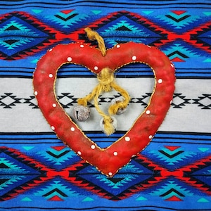 Vintage 1980s 1990s RUSTIC Primitive Western Tex-Mex Metal Red Heart &quot;Wreath&quot; with Bells Christmas Tree Ornament