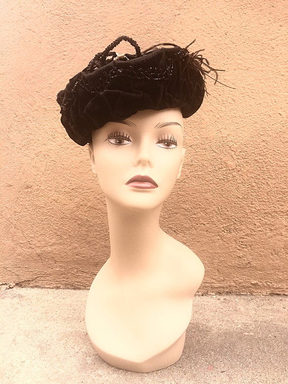Antique Edwardian Womens Black Velvet Turban Style