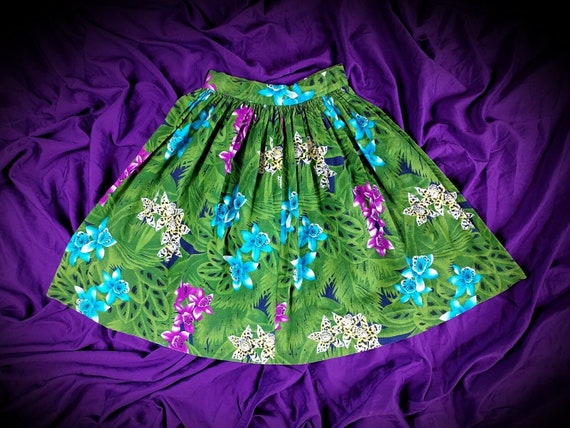 Tiki Hawaiian A Line Cotton Skirt Sz XS Green Flo… - image 1