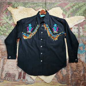 Vtg 1990s Southwest NAVAJO Beaded Fringe Embroidered CACTUS Black Shirt Sz S/M