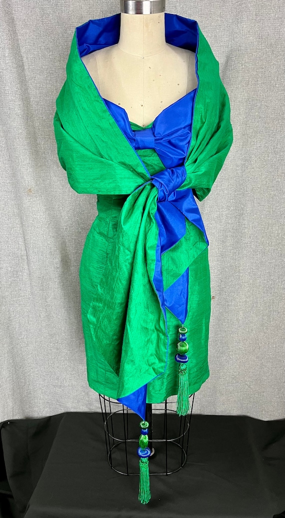 Vtg 1980s Kelly Green Raw Silk Mini Dress 3 Piece 