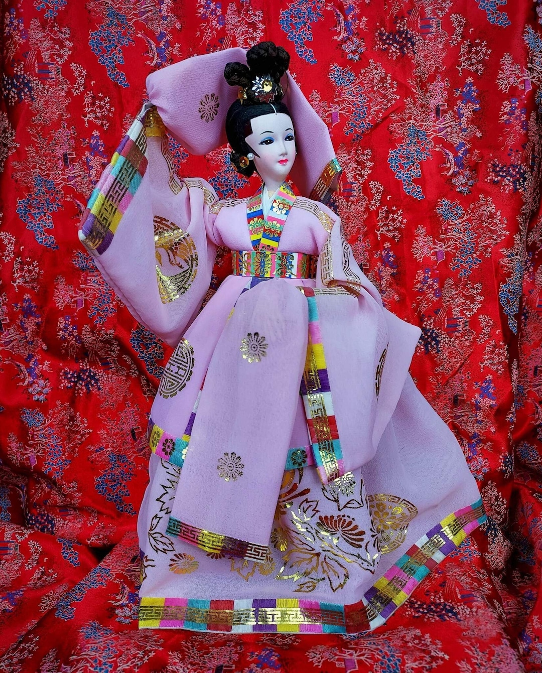 1980s Handmade Traditional Korean Pink Hanbok Oriental Beauty Doll