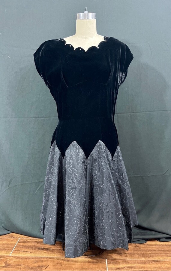 1940s Black Velvet Deco Dress w/ Rhinestones & Spa