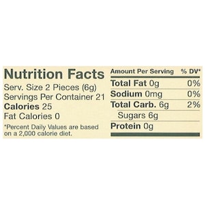 May include: Nutrition Facts label for a food product with 25 calories per serving. The serving size is 2 pieces (6 grams) and the container has 21 servings. The label lists the amount of total fat, sodium, total carbohydrates, sugars, and protein per serving, along with the percentage of daily value for each nutrient.