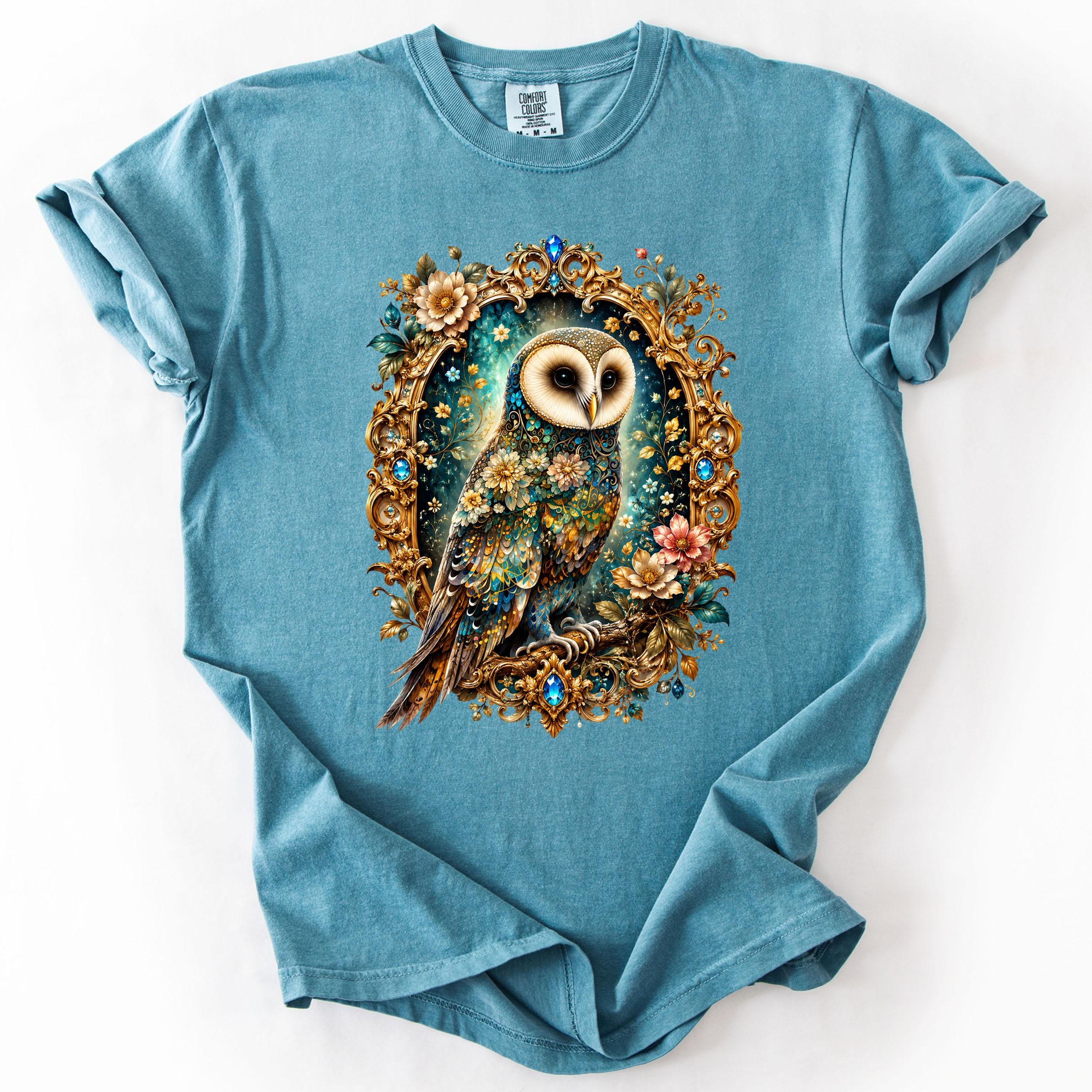 Barn Owl Illustration T-Shirt | Floral Vintage Frame, Night Sky Accents | tar307