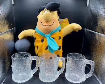 Vintage Flintstones Fred Flintstone Plush w/3 McDonalds Mugs~Glass