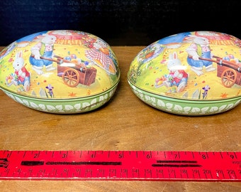 Lot of 2 Vintage Tin Metal EASTER EGG Bunnies  Containers Bunny Family