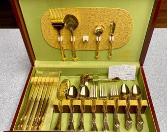 Vtg 78 Pc  VIP Kimberly Japan Gold Electroplated Flatware Wood Box  78 Pc