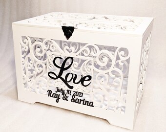 Personalized White Wedding Card Box with Slot: Lockable Keepsake