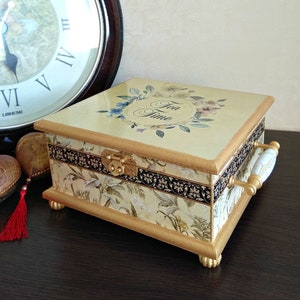 Tea box wooden tea box Tea Storage Tea Bag Box Tea bag storage Floral pattern box Stylish box for kitchen dining room housewarming gift