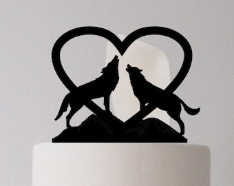 Personalised Wooden Wedding Cake Topper silhouette wolves howling at each other heart Cake Topper Wolves in love Mountain Wolf Couple Heart
