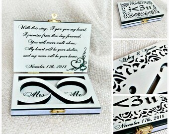 Valentines gift Jewelry box White Emerald green Greenery Cute Wooden Wedding ring box elegant Ring holder Infinity symbol Love
