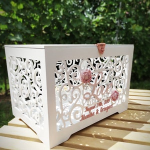 Personalisierte Hochzeitskarte Box mit Schlitz Weiß Rose Gold Blush Abschließbar Hochzeitskarte Geldhalter Hochzeit Erinnerungsbox mit Blume Peony
