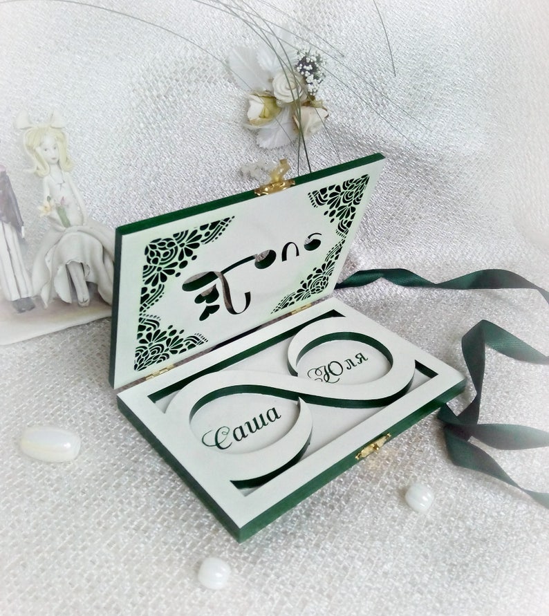 Valentines gift Jewelry box White Emerald green Greenery Cute Wooden Wedding ring box elegant Ring holder Infinity symbol Love