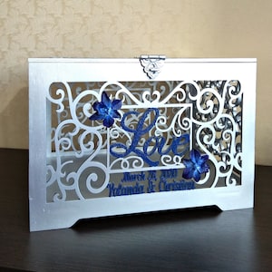Personalisierte Hochzeitskartenbox mit Schlitz silber Abschließbar Hochzeitskarte Geldhalter Andenken Box mit Schlitz Hochzeitsbox mit Blume Orchidee