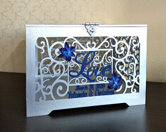 Personalised wedding card box with slot lock Silver Lockable Wedding card money holder Keepsake box with slot Wedding box with flower Orchid