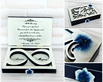 Ring bearer box Wooden Navy blue white Wedding ring box Vows With this ring Chic Elegant wedding Ring holder Infinity symbol Orchids