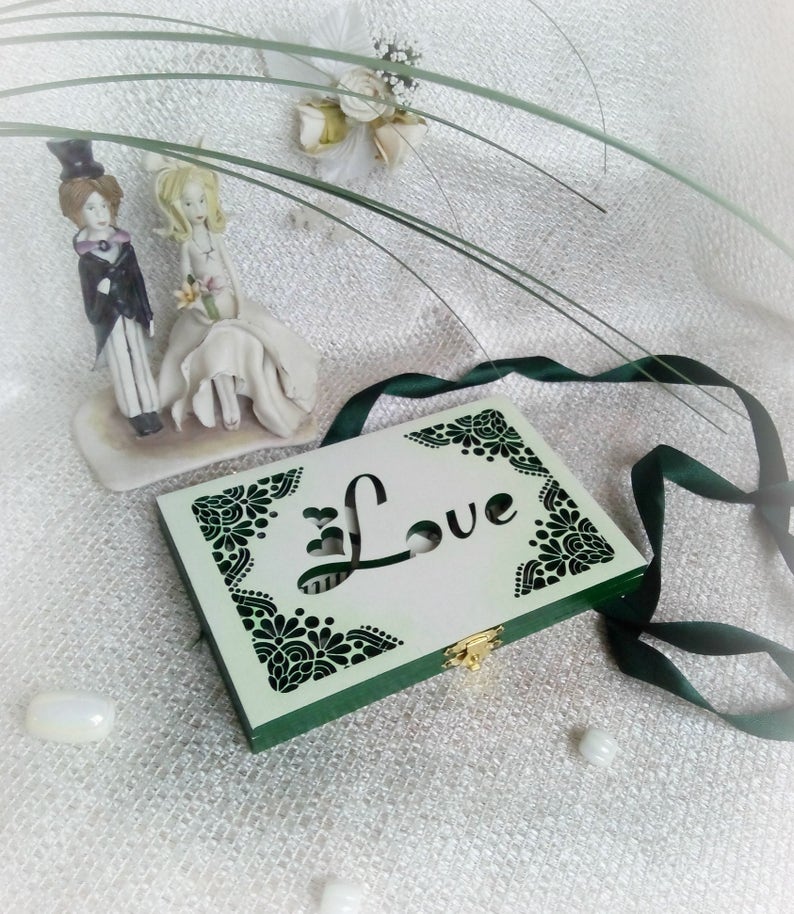Valentines gift Jewelry box White Emerald green Greenery Cute Wooden Wedding ring box elegant Ring holder Infinity symbol Love