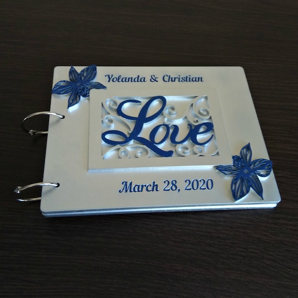 Wooden wedding guest book Silver Royal blue Love sign Custom Personalised guest book Orchids