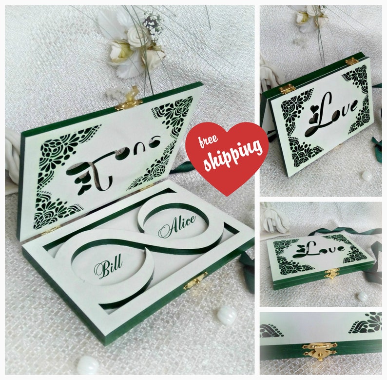 Valentines gift Jewelry box White Emerald green Greenery Cute Wooden Wedding ring box elegant Ring holder Infinity symbol Love