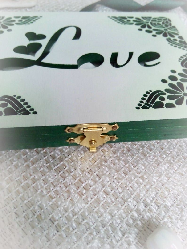 Valentines gift Jewelry box White Emerald green Greenery Cute Wooden Wedding ring box elegant Ring holder Infinity symbol Love