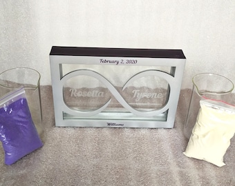 Personalised Sand ceremony box Infinity sign Wedding Unity sand ceremony frame vase Set Silver plum purple wedding shadow box
