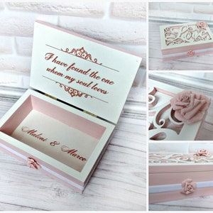 Wooden wedding lasso Box Personalised Rose Gold White Blush Wedding jewelry box Keepsake wedding box Vows elegant chic Arras Unity coins box