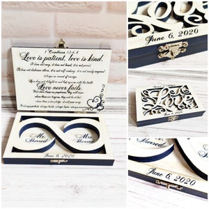 Ring bearer box Washed White Navy Blue wedding ring holder Love is patient 1 Corinthians 13:4 bible verse Silver Lock Wooden Infinity symbol