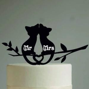 Personalised Wooden Wedding Cake Topper Silhouette Cats in love Heart