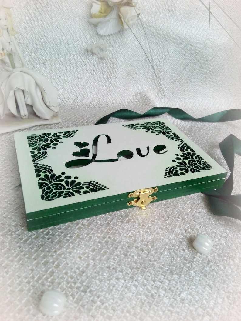 Valentines gift Jewelry box White Emerald green Greenery Cute Wooden Wedding ring box elegant Ring holder Infinity symbol Love