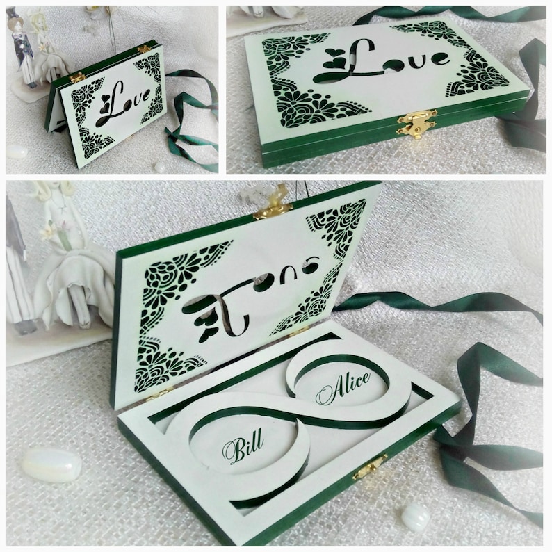 Valentines gift Jewelry box White Emerald green Greenery Cute Wooden Wedding ring box elegant  Ring holder Infinity symbol Love
