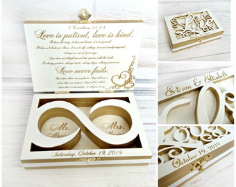 Ring bearer box Wedding ring box Champagne Gold white Wooden carved wedding Vows Ring holder elegant chic wedding box Infinity symbol Verse