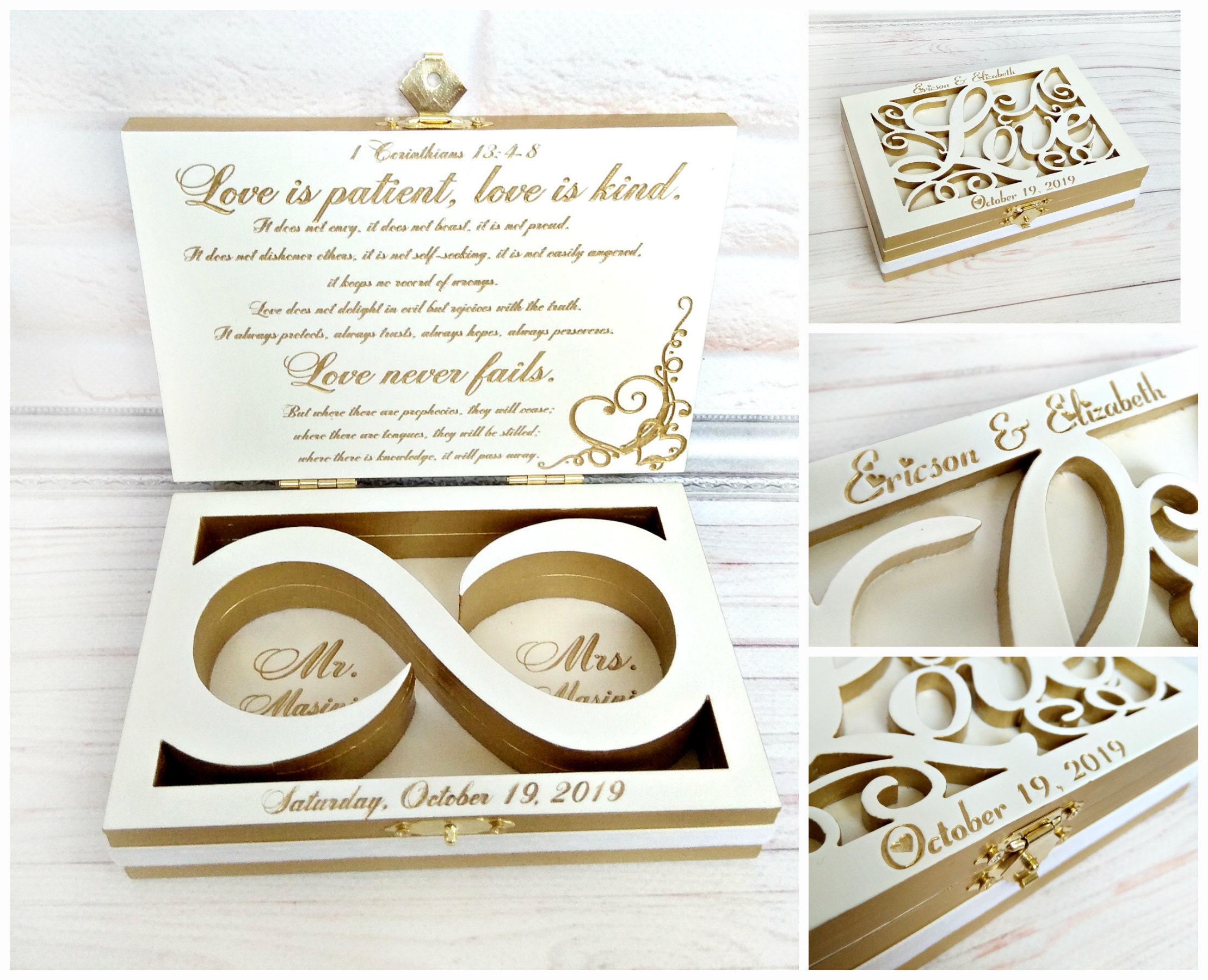 Ring bearer box Wedding ring box Champagne Gold white Wooden carved wedding Vows Ring holder elegant chic wedding box Infinity symbol Verse