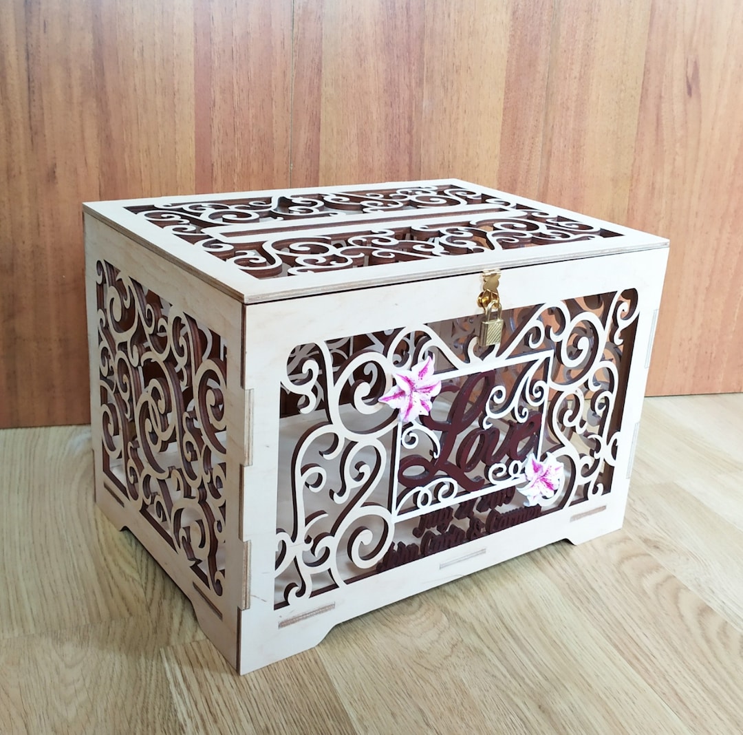 Personalised Wedding Card Box With Slot Lock Wooden Burgundy Pink White ...
