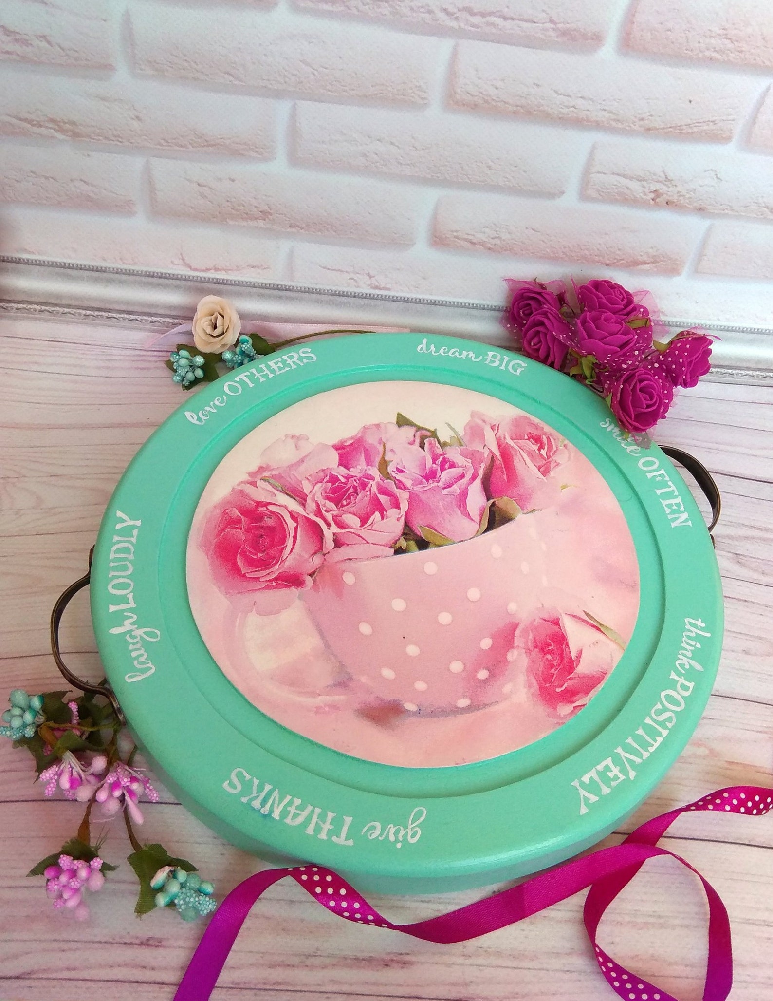 Wooden round tray with handles Positive vibes Cheer up gift Etsy