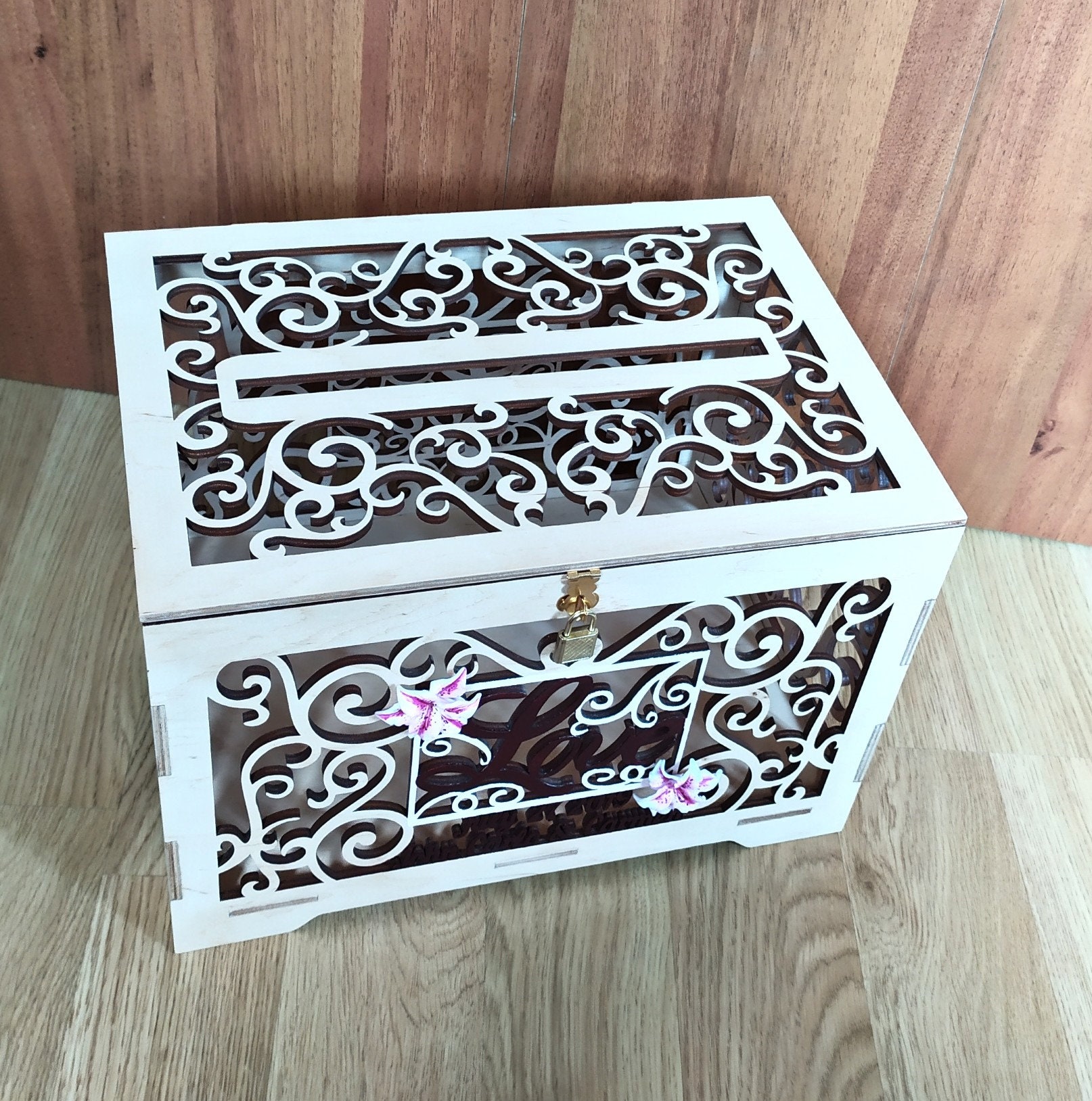Personalised Wedding Card Box With Slot Lock Wooden Burgundy Pink White ...